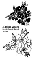 Flower art line. Sakura or Apple blossoms in vector isolated on white background. Spring flowers drawn in black and white line. Icon or symbol of spring and flowers.Doodle outline. Sketch.