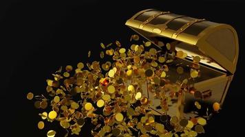 muchos distribuyen monedas de oro que volaron del cofre del tesoro. un cofre del tesoro hecho de oro, lujoso, caro. un antiguo cofre del tesoro abierto con monedas de oro expulsadas. representación 3d video