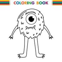 Funny and cute Alien monster with three eyes for kids. Imaginary creature for children coloring book, black and white outline fantasy cartoon for coloring pages. vector