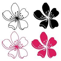 Sakura flowers blossom set, hand drawn line ink style. Cute doodle cherry plant vector illustration, black isolated on white background. Realistic floral bloom for spring japanese or chinese holiday.