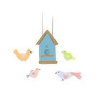 pajarera dibujada y pájaros de dibujos animados. casa para pájaros. ilustración infantil vector