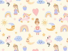 Patter for girls. Cartoon princess, unicorns, flamingos, odblus on a pattern for children's textiles, fabrics. vector