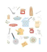 Vector hand drawn set of dishes. Illustration Pots, pans, plates. Utensils for cooking. Kitchen utensils.