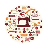 Sewing Machine and Tools in Hand Drawn Style. Tailoring accessories - threads, scissors, needles, pins, buttons. Vector round frame for seamstress, atelier, fashion design