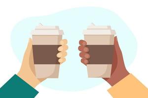 Black hand and white hand hold cups of hot drink. Disposable coffee paper cup. Coffee to go concept. Flat vector illustration