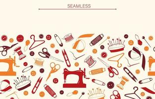 Sewing Tools Border, Banner with Hand Drawn Elements. Tailoring accessories - threads, scissors, needles, pins, buttons. Vector Template for seamstress, atelier, fashion design
