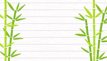 hierba de bambú verde sobre fondo de textura de madera blanca. Ilustración de vector de planta china oriental dibujada a mano. plantilla con espacio de copia