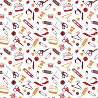 Sewing Tools Seamless Pattern, hand drawn elements. Tailoring accessories - threads, scissors, needles, pins, buttons. Vector background for seamstress, atelier, fashion design