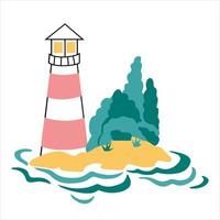 Lighthouse on an island hand drawn icon in doodle style. Vector illustration