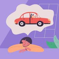 Young girl dreams of how she will drive a car. Flat vector isolated modern illustration in trendy colors.
