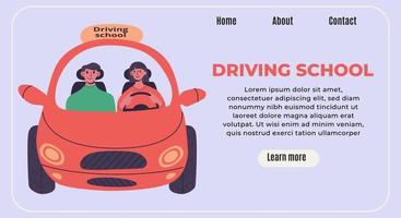 Driving school banner concept. Young woman drive little red car with instructor. vector