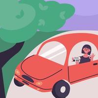 Driving school concept. Young happy woman in little red car get a driving license and showing that. vector