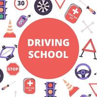 Driving school banner or poster with diiferent elements. vector