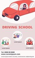 Driving school flyer concept. Young woman in little red car showing her driver license vector