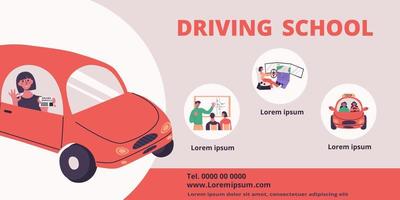 Driving school flyer concept. Young woman in little red car showing her driver license vector