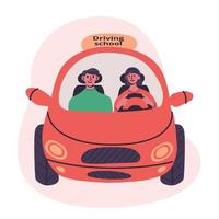 Driving school concept. Young woman drive little red car with instructor.