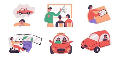 Driving school set with tiny people concepts. Stages of education, scences of learning at lesson, online test, simulation and instructor driving, receiving driver's licence. vector