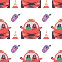 Driving school seamless pattern. Young woman drive little red car with instructor. vector