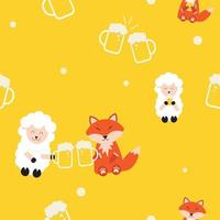 cute sheep and fox drinking beer seamless pattern for print or fabric vector