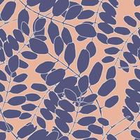 Seamless vector pattern with blue silhouettes of acacia leaves on pink background. Zero-waste, recycle eco-friendly tools. Packaging design, wrapping gifts, wallpaper web page background.