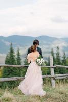 Beautifull wedding couple kissing and embracing near the shore of a mountain river with stones photo