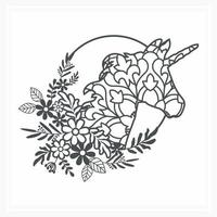 Unicorn Mandala with Flower. Vector, Line Art vector
