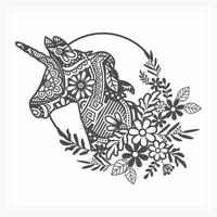 Unicorn Mandala with Flower. Vector, Line Art vector