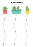 Cutting practice for children with cacti in pots. vector