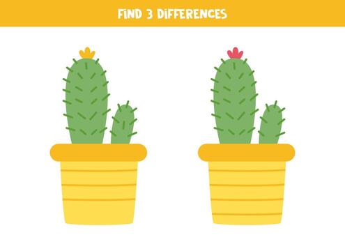 Find three differences between two cacti in pots. vector