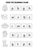 Learning English language for children. Color the beginning sound. vector