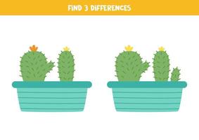 Find 3 differences between two cacti in pots. vector