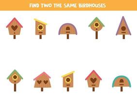 Find two cute identical birdhouses. Educational game for preschool children. vector