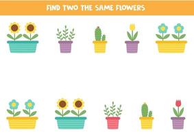 Find two cute identical flowers in pot. Educational game for preschool children. vector