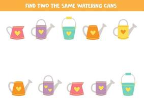 Find two cute watering cans. Educational game for preschool children. vector