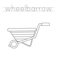 Trace the letters and color wheelbarrow. Handwriting practice for kids. vector