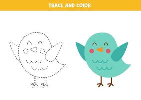 Trace and color cute cartoon bird. Worksheet for kids. vector