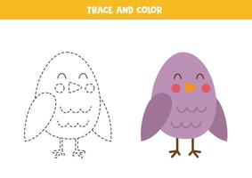 Trace and color cute cartoon bird. Worksheet for kids. vector