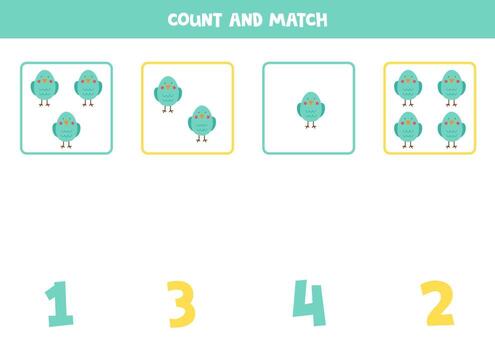 juego de conteo para niños. cuente todas las aves y empareje con números. hoja de trabajo para niños. vector