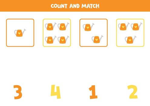 juego de conteo para niños. cuente todas las regaderas y empareje con los números. hoja de trabajo para niños. vector
