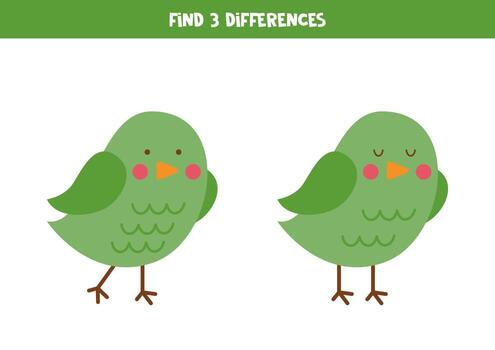 Find three differences between two green birds. vector