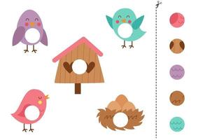 Cut and glue game for kids. Cute bird and nest. vector