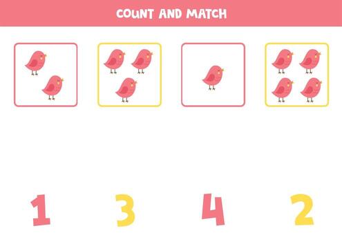juego de conteo para niños. cuente todas las aves y empareje con números. hoja de trabajo para niños. vector