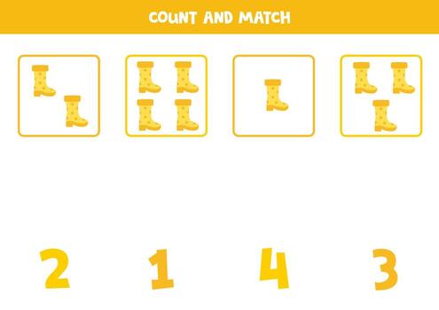 juego de conteo para niños. cuente todas las botas y haga coincidir con los números. hoja de trabajo para niños. vector