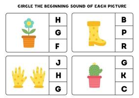 Worksheet for kids. Find the beginning sound of spring pictures. vector