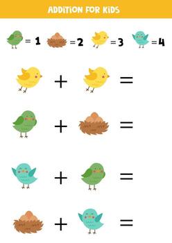 Addition for kids with different spring birds. vector