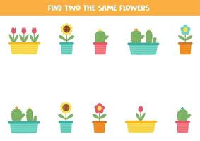 Find two cute identical flowers in pot. Educational game for preschool children. vector