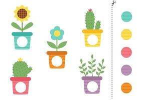 Cut and glue game for kids. Cute flowers in pot. vector