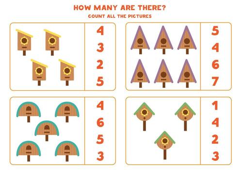 juego de conteo para niños. cuente todas las casas de pájaros y empareje con números. hoja de trabajo para niños. vector