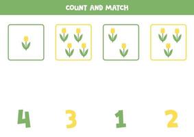 Counting game for kids. Count all tulips and match with numbers. Worksheet for children. vector