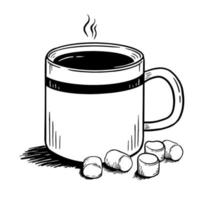 Coffee with marshmallows hand-drawn in the style of doodle Good for printing. Vector illustration isolated on a white background